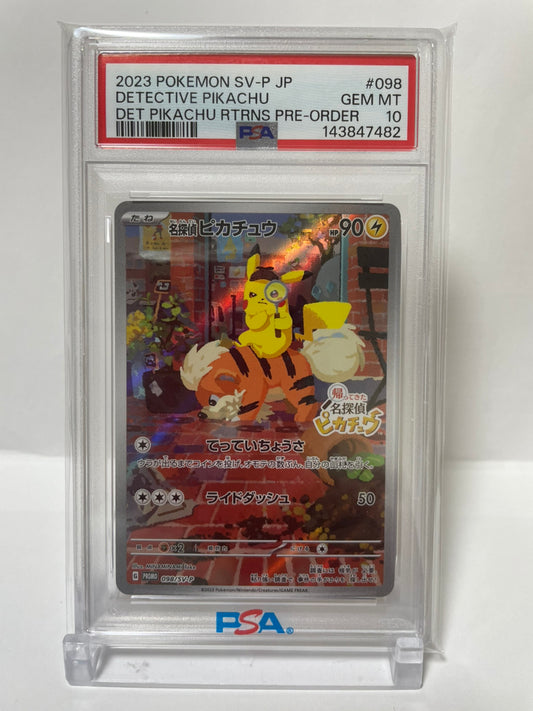 PSA 10 GEM MINT JAPANESE POKEMON 2023 DETECTIVE PIKACHU PROMO 098/SV-P DET PIKACHU RTRNS PRE-ORDER
