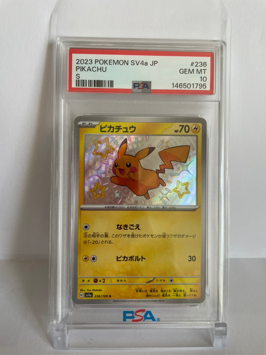 PSA 10 GEM MINT JAPANESE POKEMON 2023 PIKACHU S 236/190 SHINY TREASURE ex SV4a